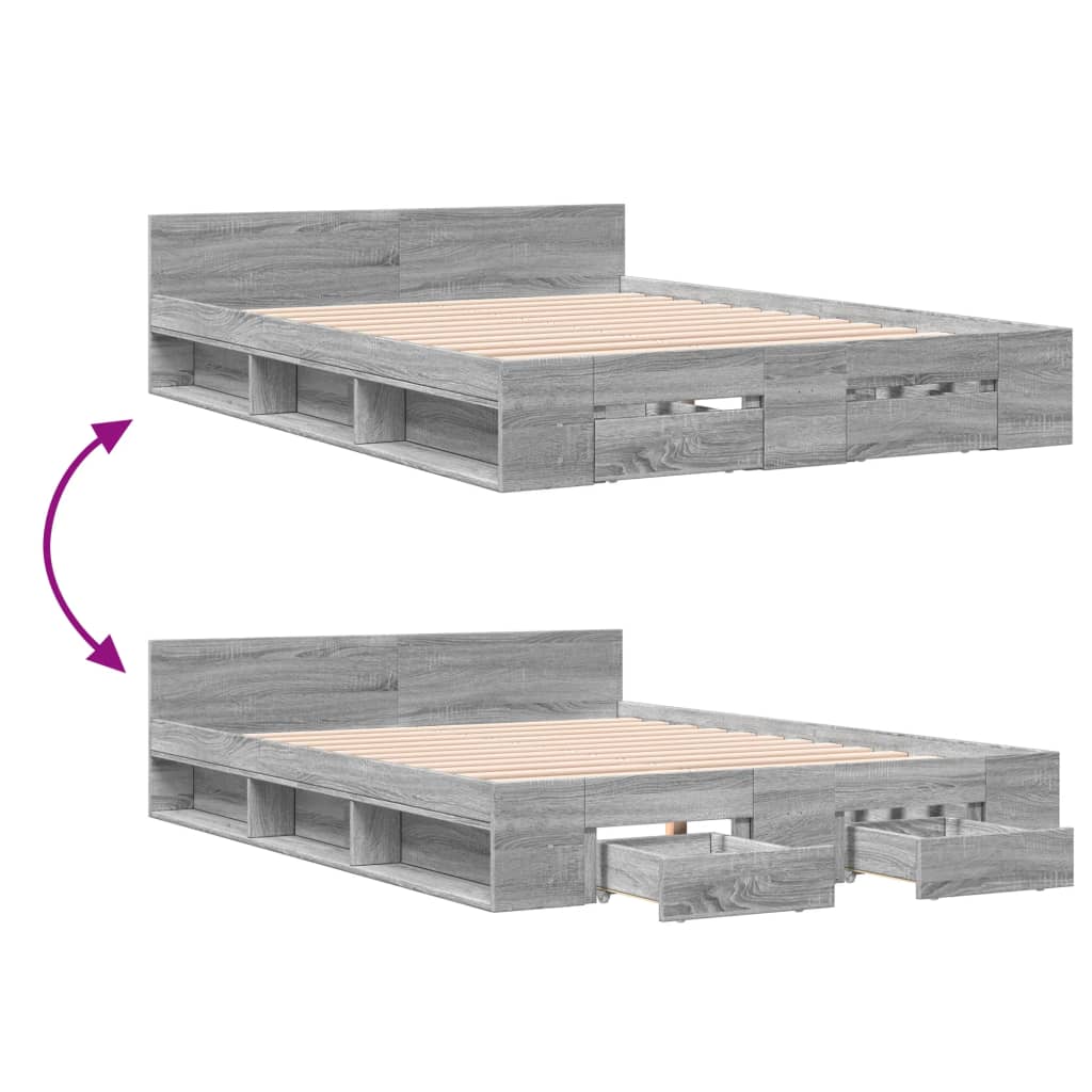 Modern Wooden Double Size 135cm Bed Frame Base With Open Storage & Drawers Wood