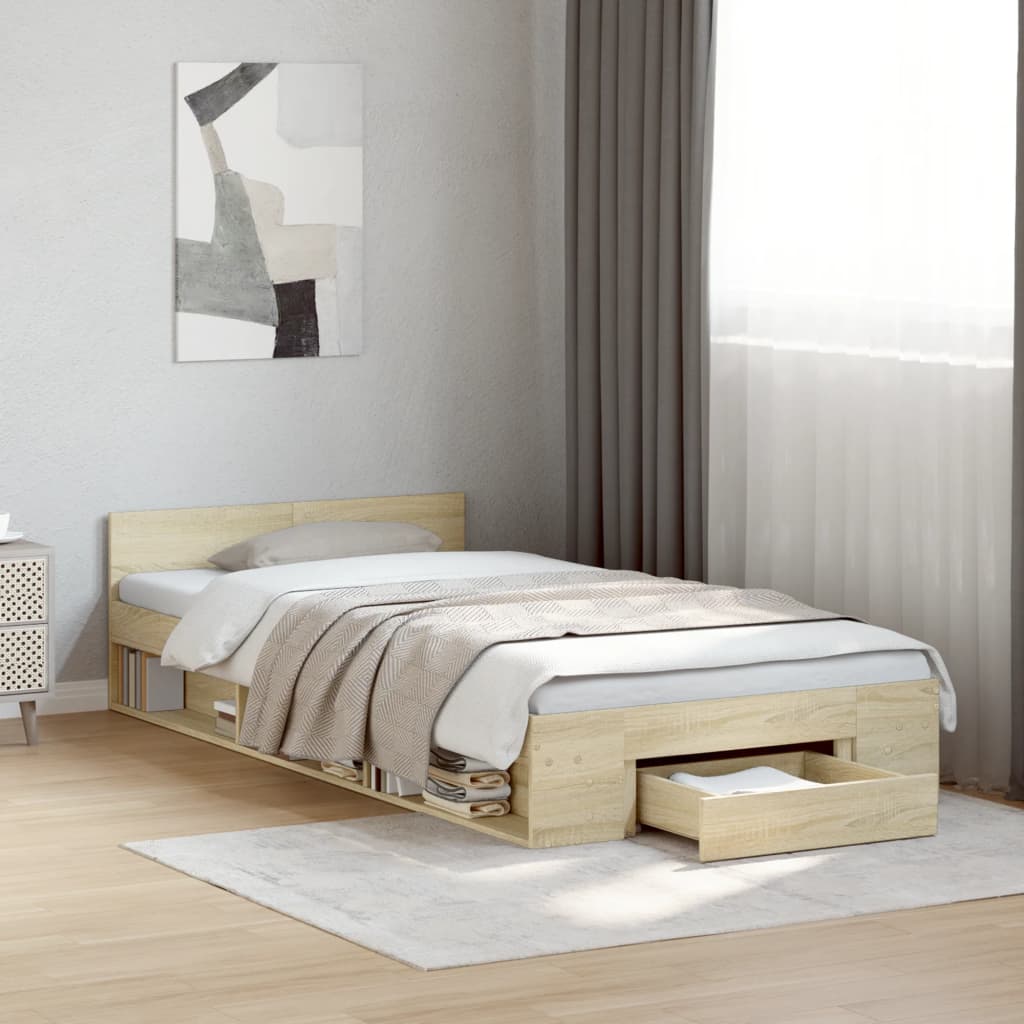 Modern Wooden Single Size 90cm Bed Frame Base With Under Storage Space & Drawer