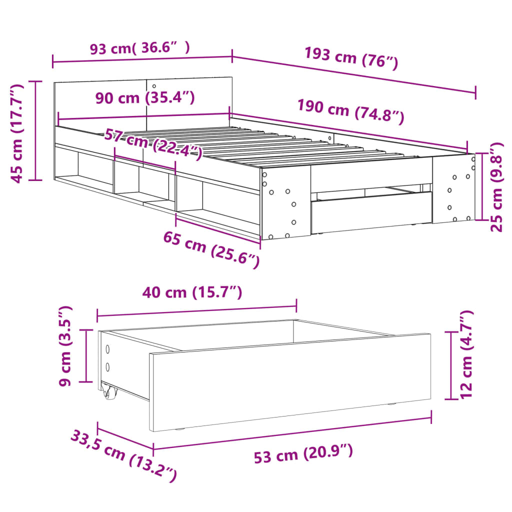 Modern Wooden Single Size 90cm Bed Frame Base With Under Storage Space & Drawer