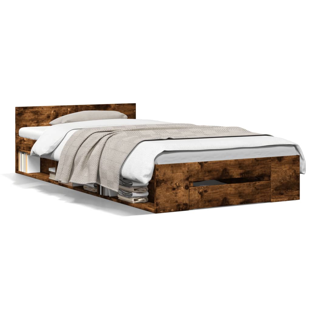 Bed Frame with Drawer without Mattress Smoked Oak 100x200 cm