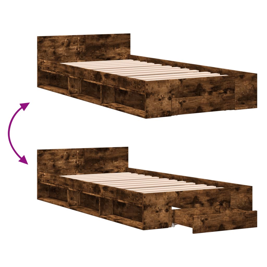 Bed Frame with Drawer without Mattress Smoked Oak 100x200 cm