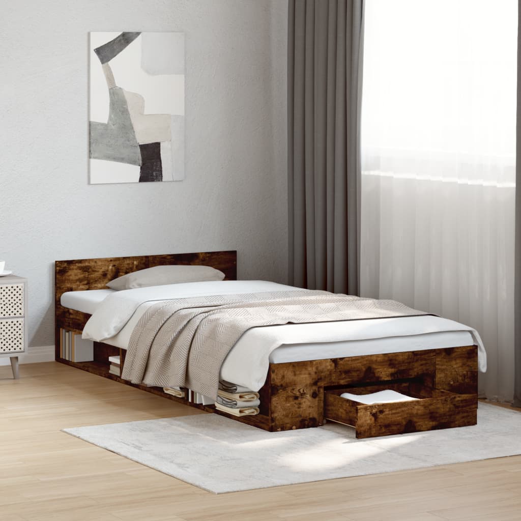 Bed Frame with Drawer without Mattress Smoked Oak 100x200 cm