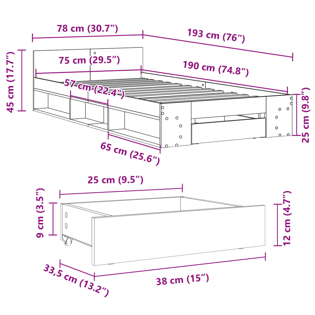 Bed Frame with Drawer without Mattress Concrete Grey 75x190 cm Small Single