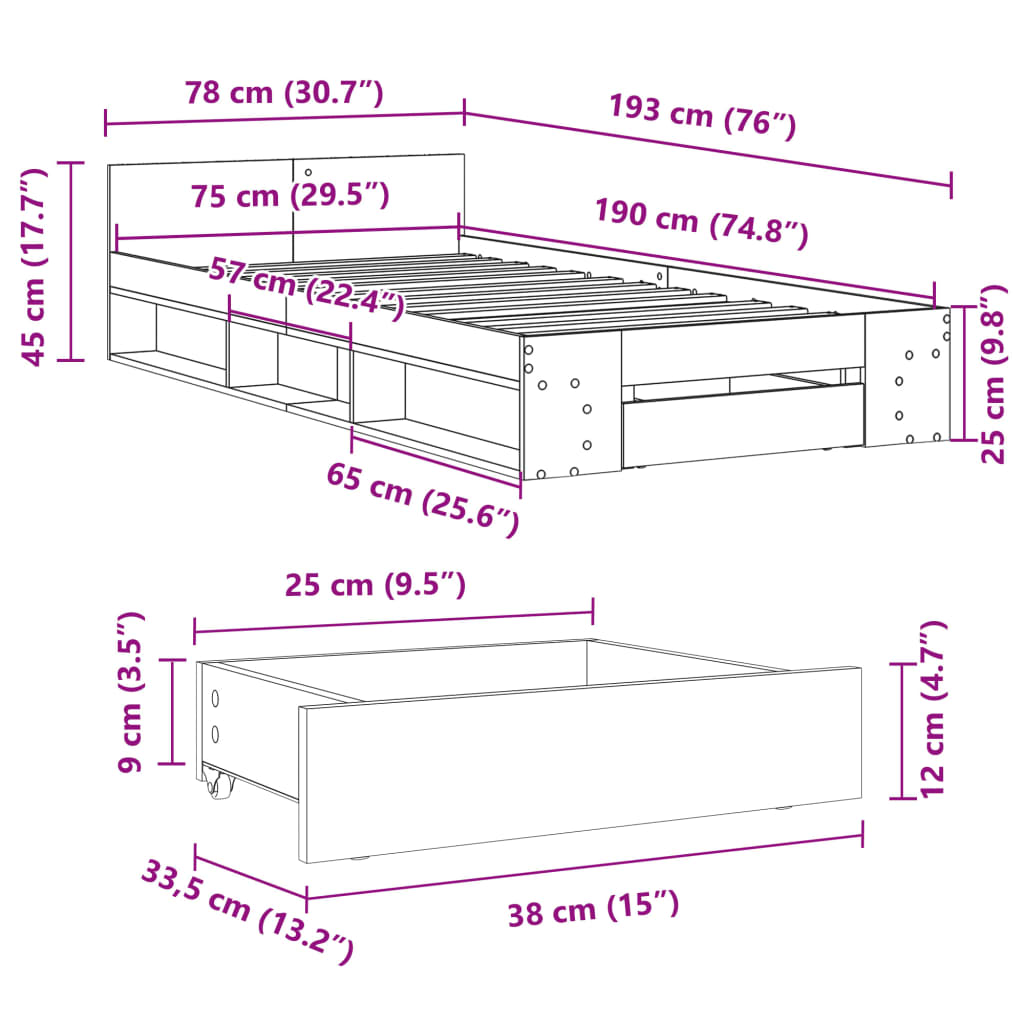 Bed Frame with Drawer without Mattress Brown Oak 75x190 cm Small Single
