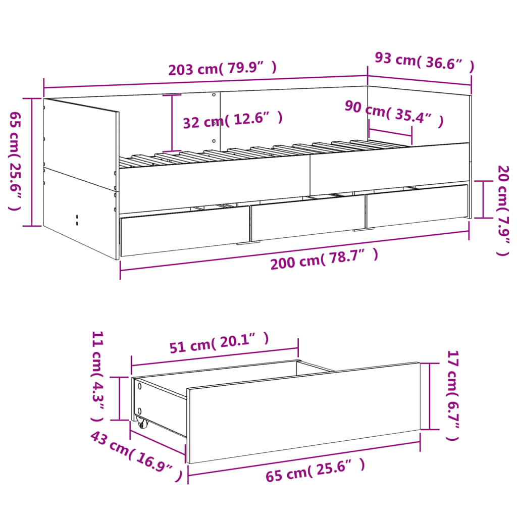 Daybed with Drawers without Mattress Grey Sonoma 90x200 cm