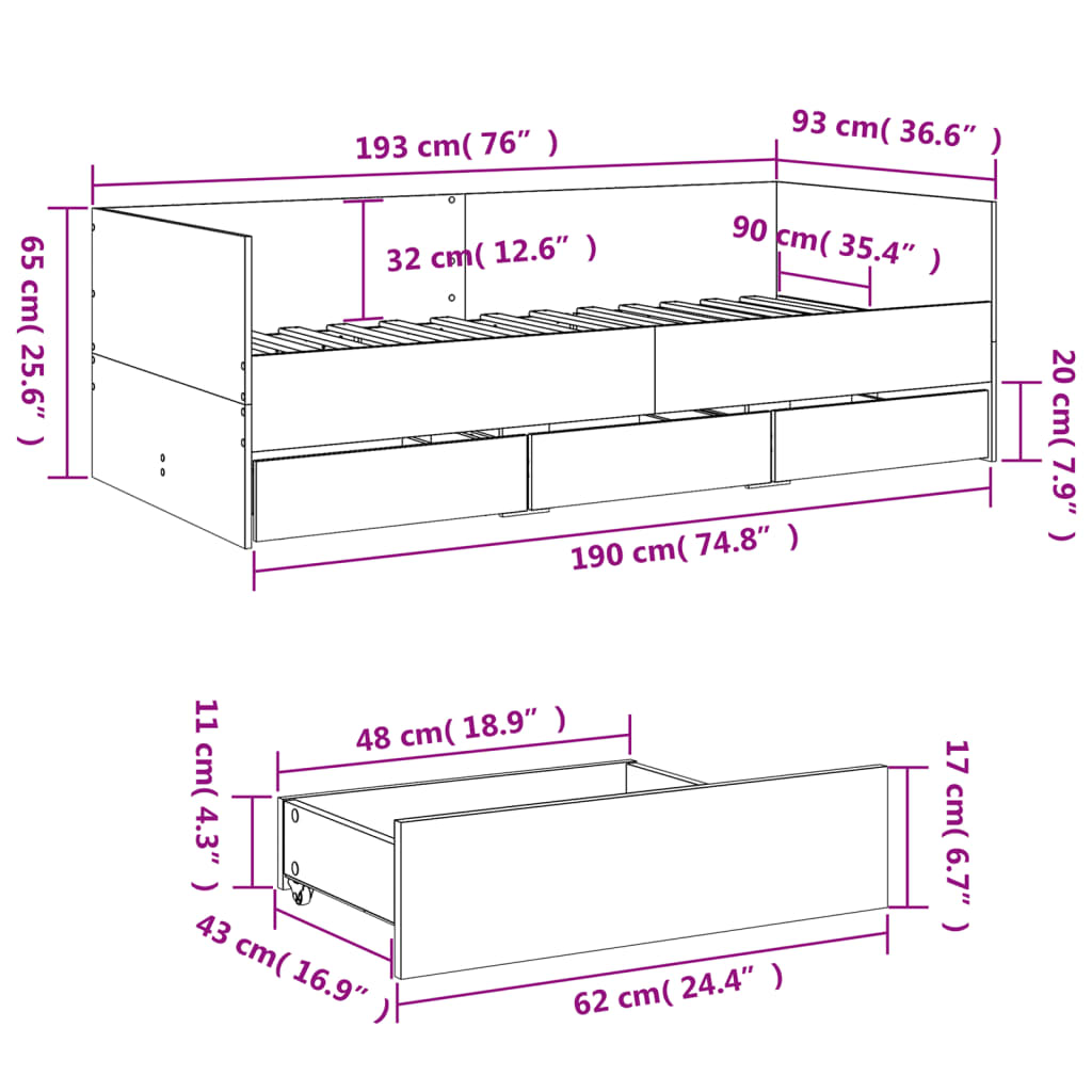 Modern Wooden Single Size 2-in-1 Daybed Sofa Bed With 3 Storage Drawers