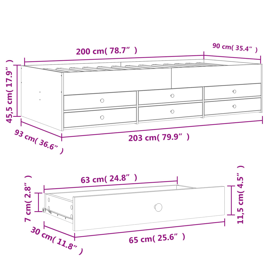 Daybed with Drawers without Mattress Grey Sonoma 90x200 cm