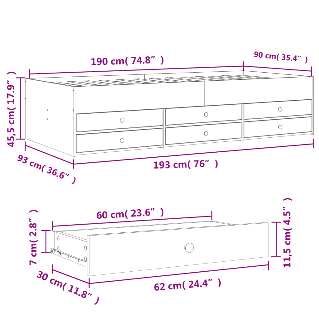 Modern Wooden 2-in-1 Single Size 90cm Daybed With 6 Storage Drawers Wood Sofa Beds