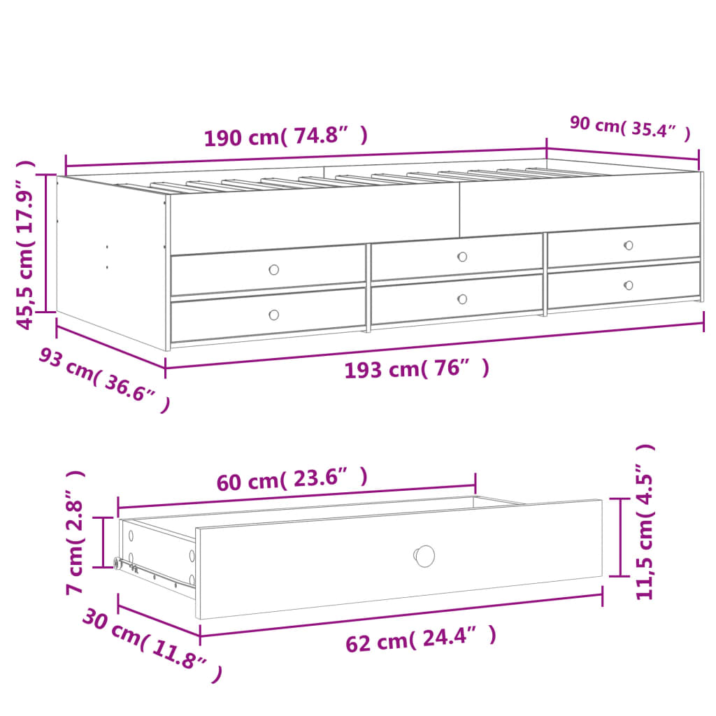 Modern Wooden 2-in-1 Single Size 90cm Daybed With 6 Storage Drawers Wood Sofa Beds