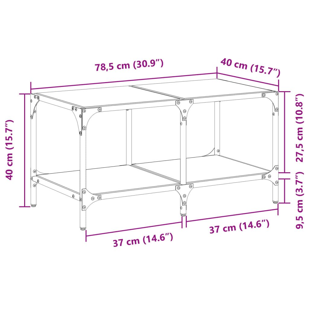 Coffee Table with Transparent Glass Top 78.5x40x40 cm Steel