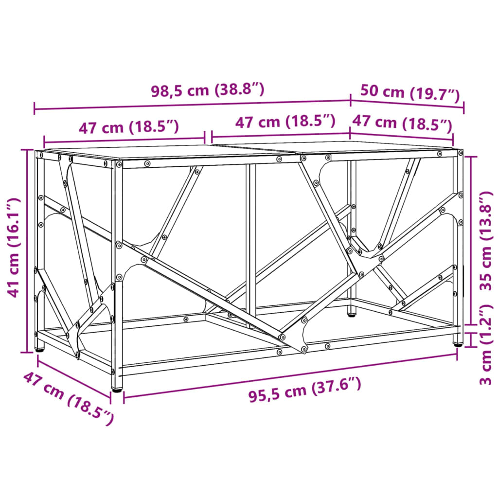 Coffee Table with Black Glass Top 98.5x50x41 cm Steel