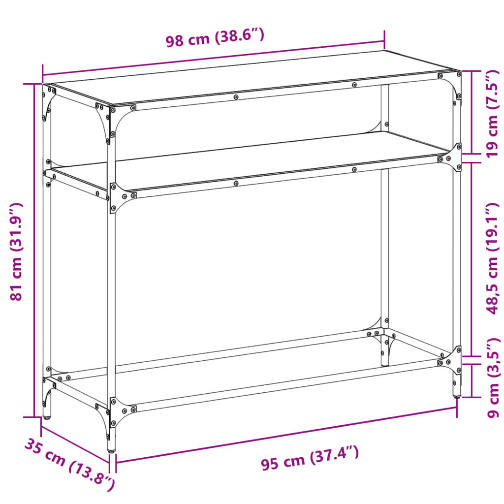 Console Table with Black Glass Top98x35x81 cm Steel