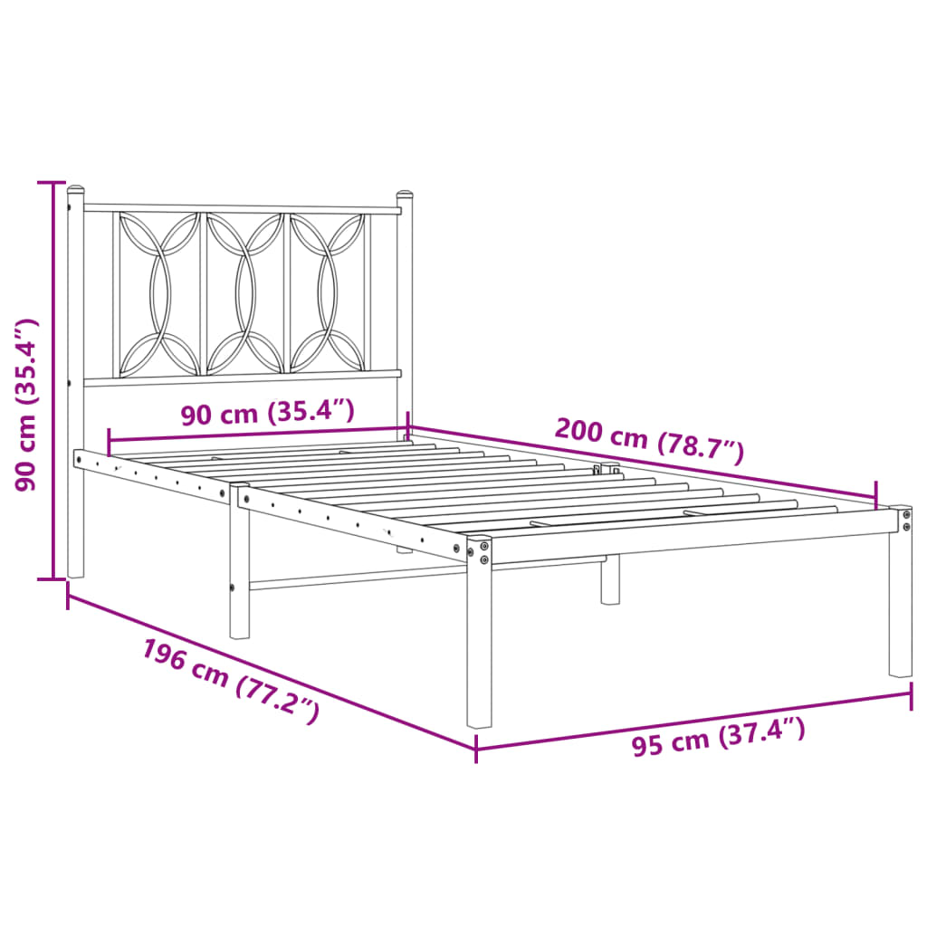 Metal Bed Frame without Mattress with Headboard Black 90x200cm