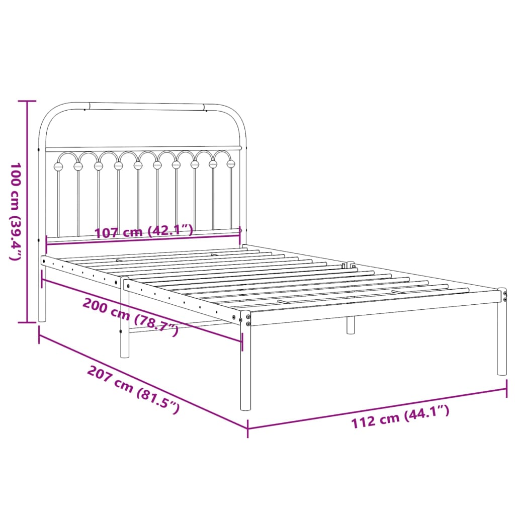 Metal Bed Frame without Mattress with Headboard White 107x203cm