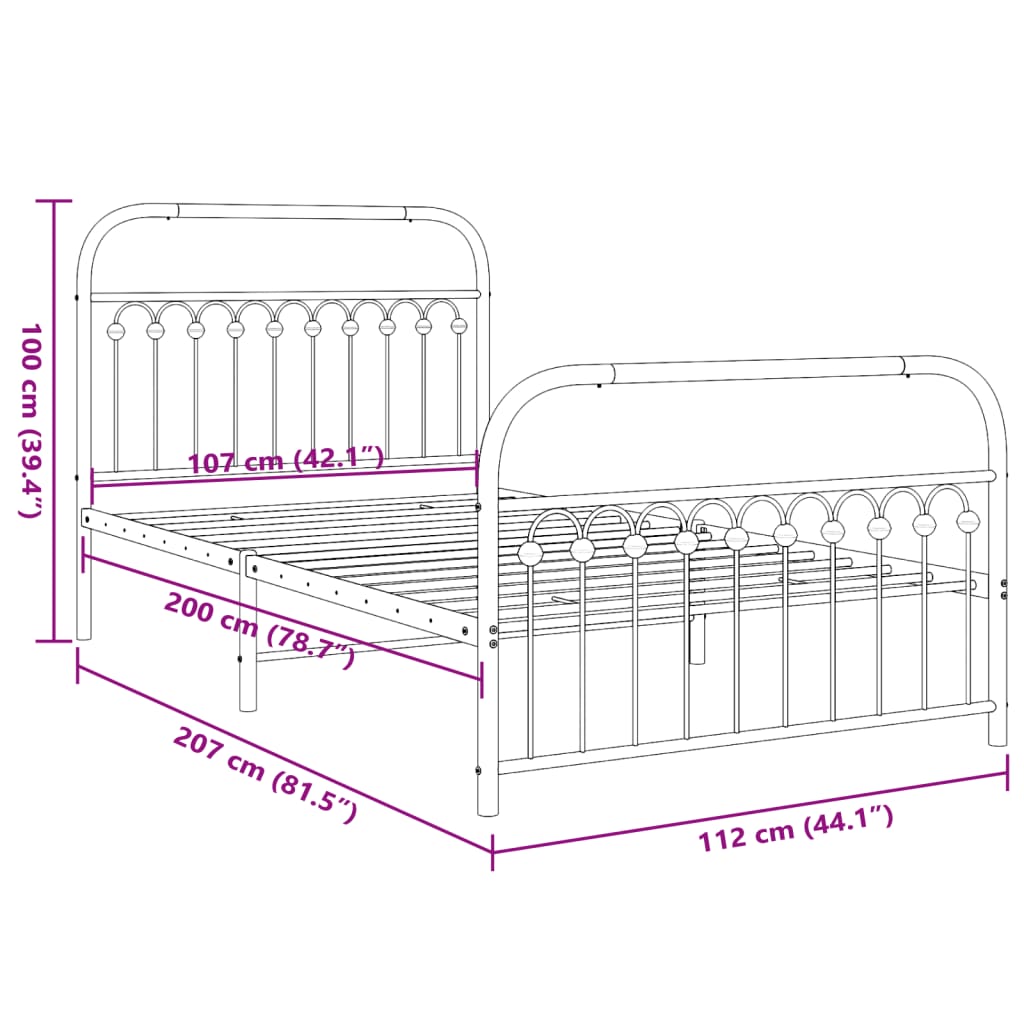 Metal Bed Frame without Mattress with Footboard White 107x203cm