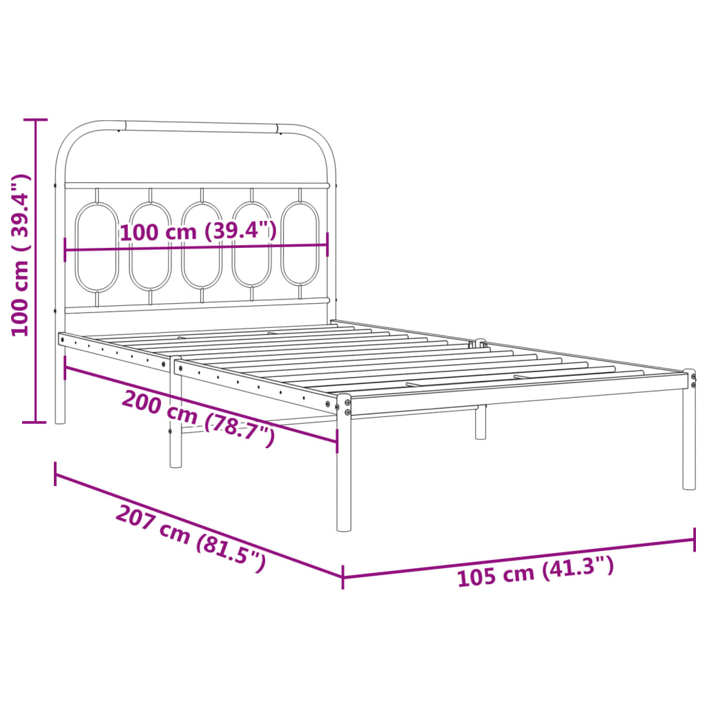 Metal Bed Frame without Mattress with Headboard Black 100x200cm