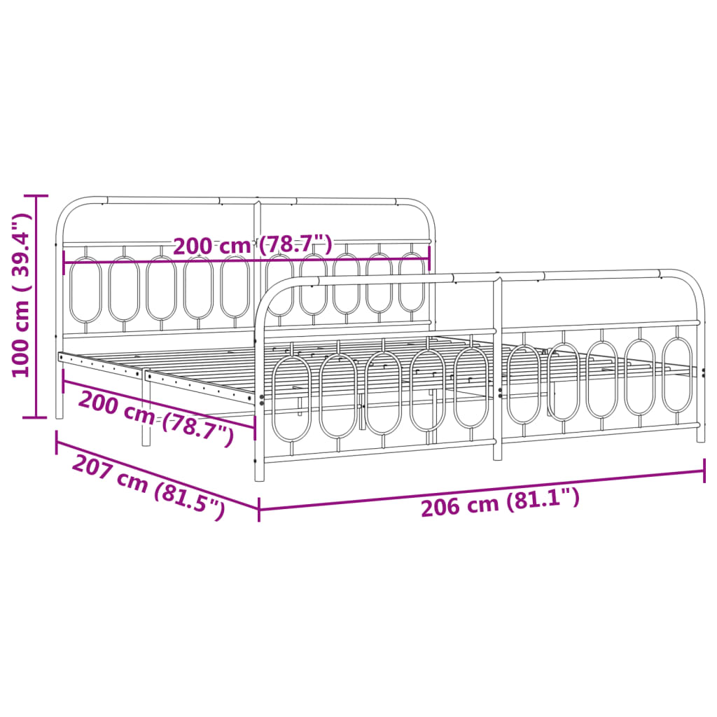 Metal Bed Frame without Mattress with Footboard White 200x200cm