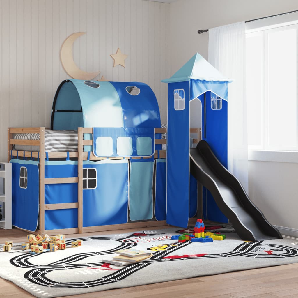 Bunk Bed without Mattress with Slide and Curtains Blue 90x200 cm