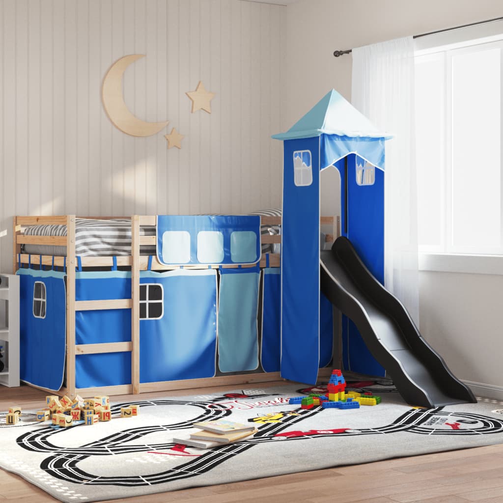 Bunk Bed without Mattress with Slide and Curtains Blue 90x190 cm Single