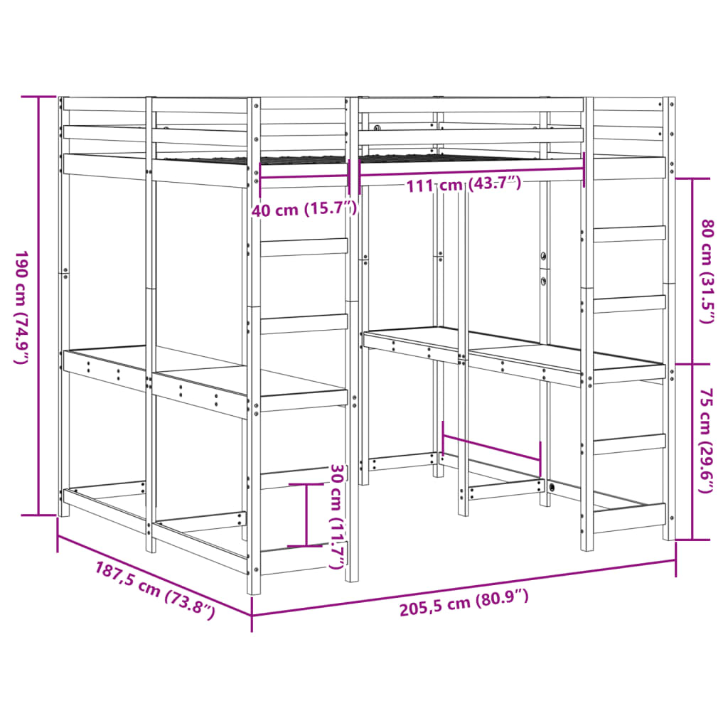 Loft Bed with Desk and Ladder 180x200 cm Super King Solid Wood Pine