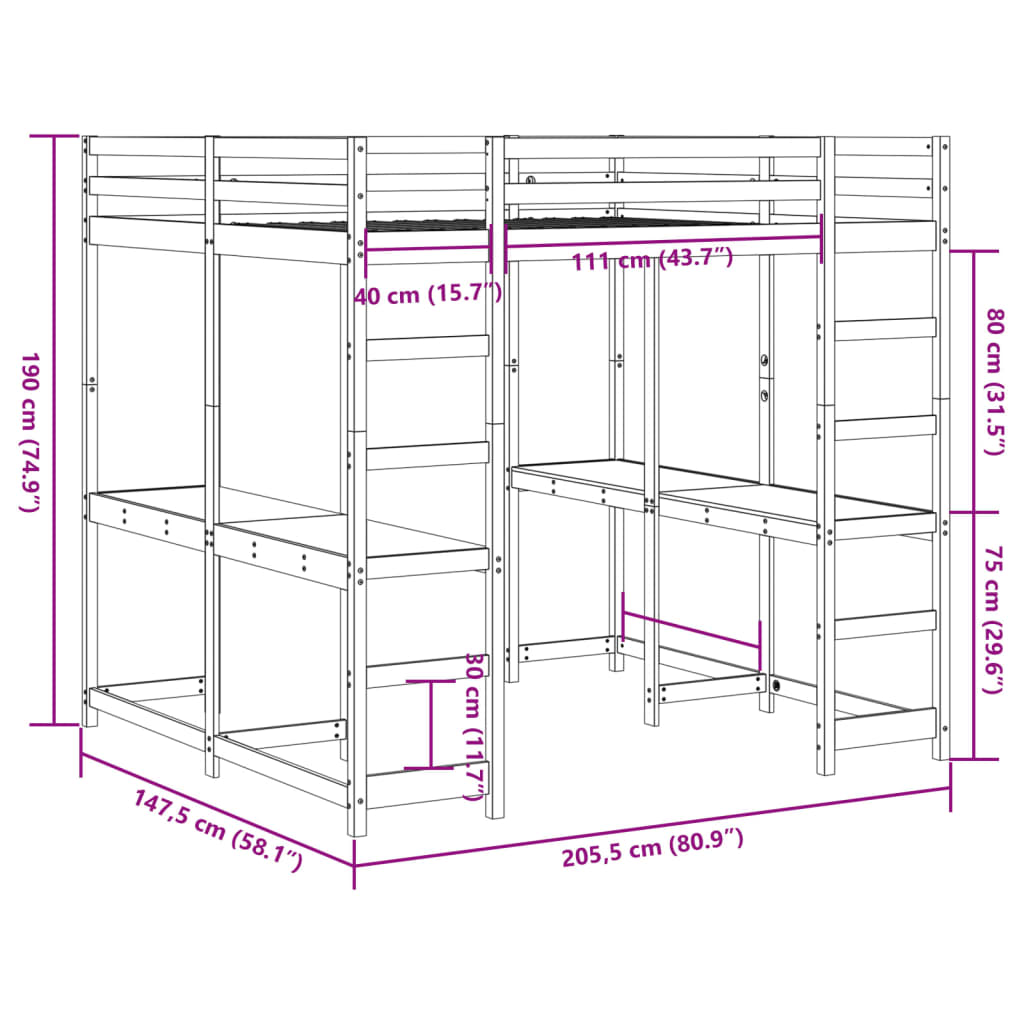Loft Bed with Desk and Ladder 140x200 cm Solid Wood Pine