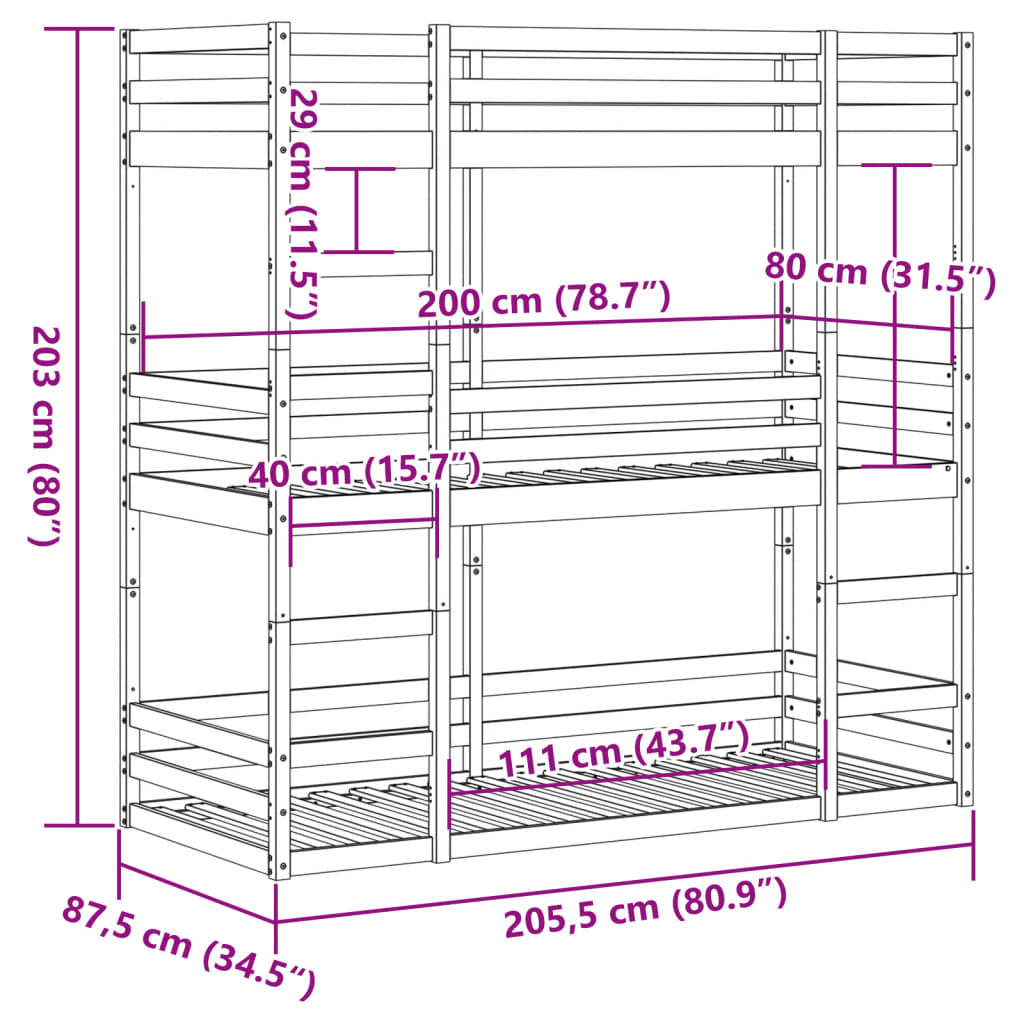 Triple Bunk Bed without Mattress Wax Brown 80x200 cm Solid Wood Pine