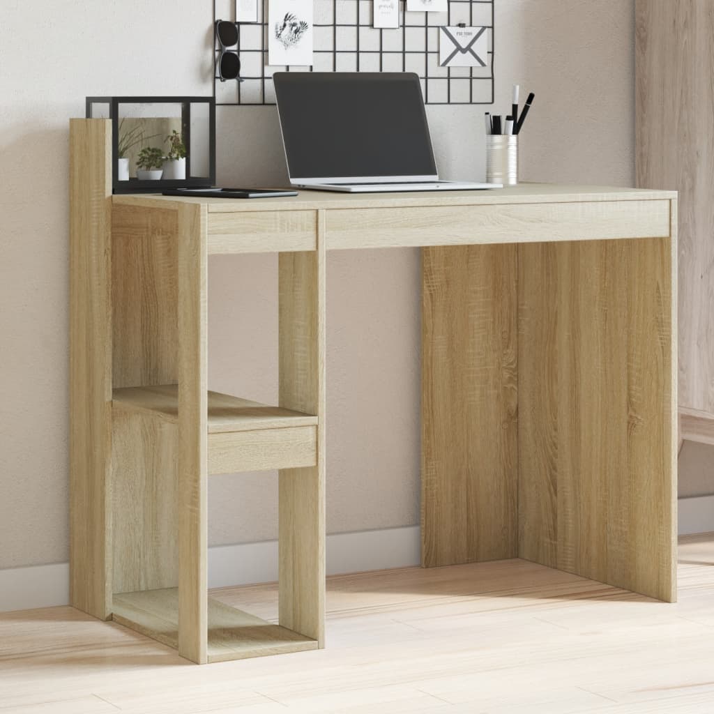 Modern Wooden Home Office Computer Desk Table With Open Storage Shelves Wood