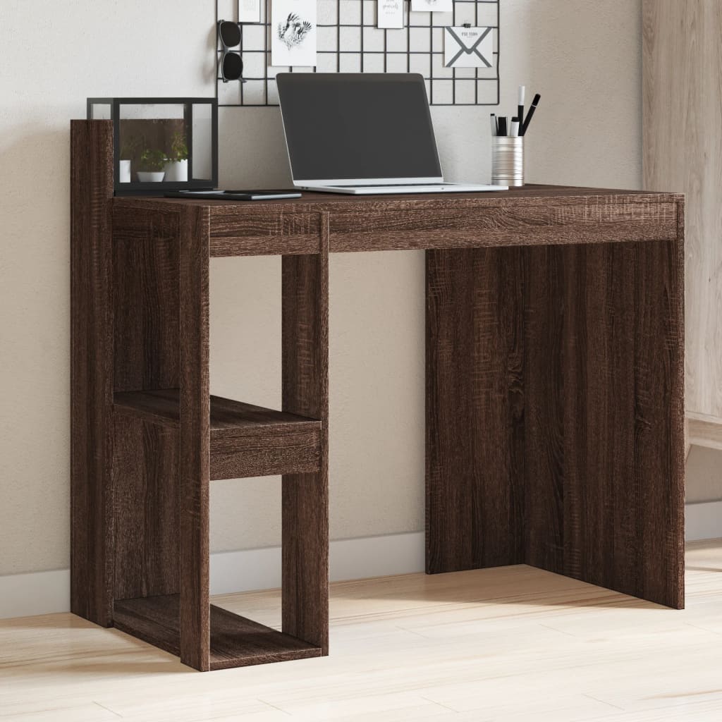 Modern Wooden Home Office Computer Desk Table With Open Storage Shelves Wood