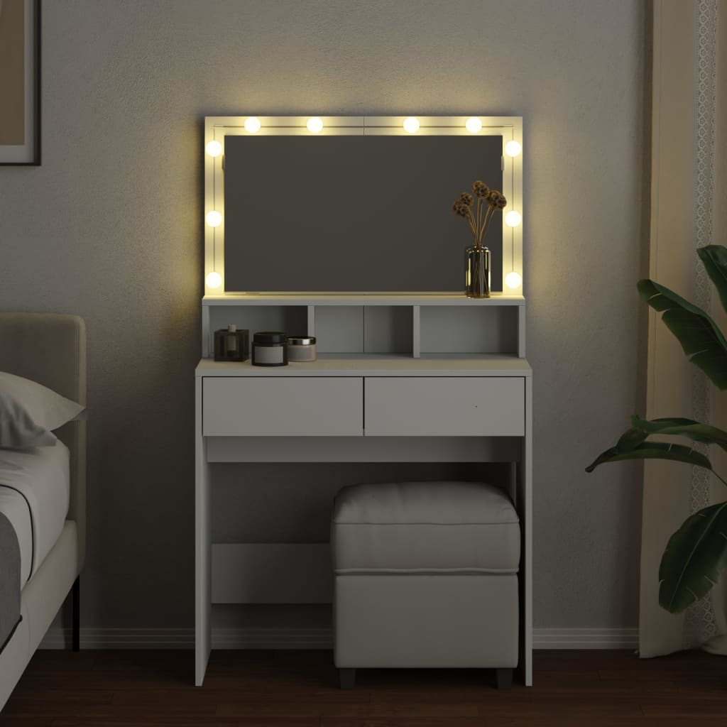 Modern Wooden Dressing Table Makeup Vanity Desk With Storage & LED Lights Mirror