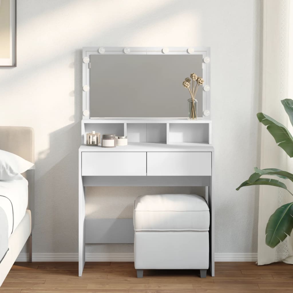 Modern Wooden Dressing Table Makeup Vanity Desk With Storage & LED Lights Mirror