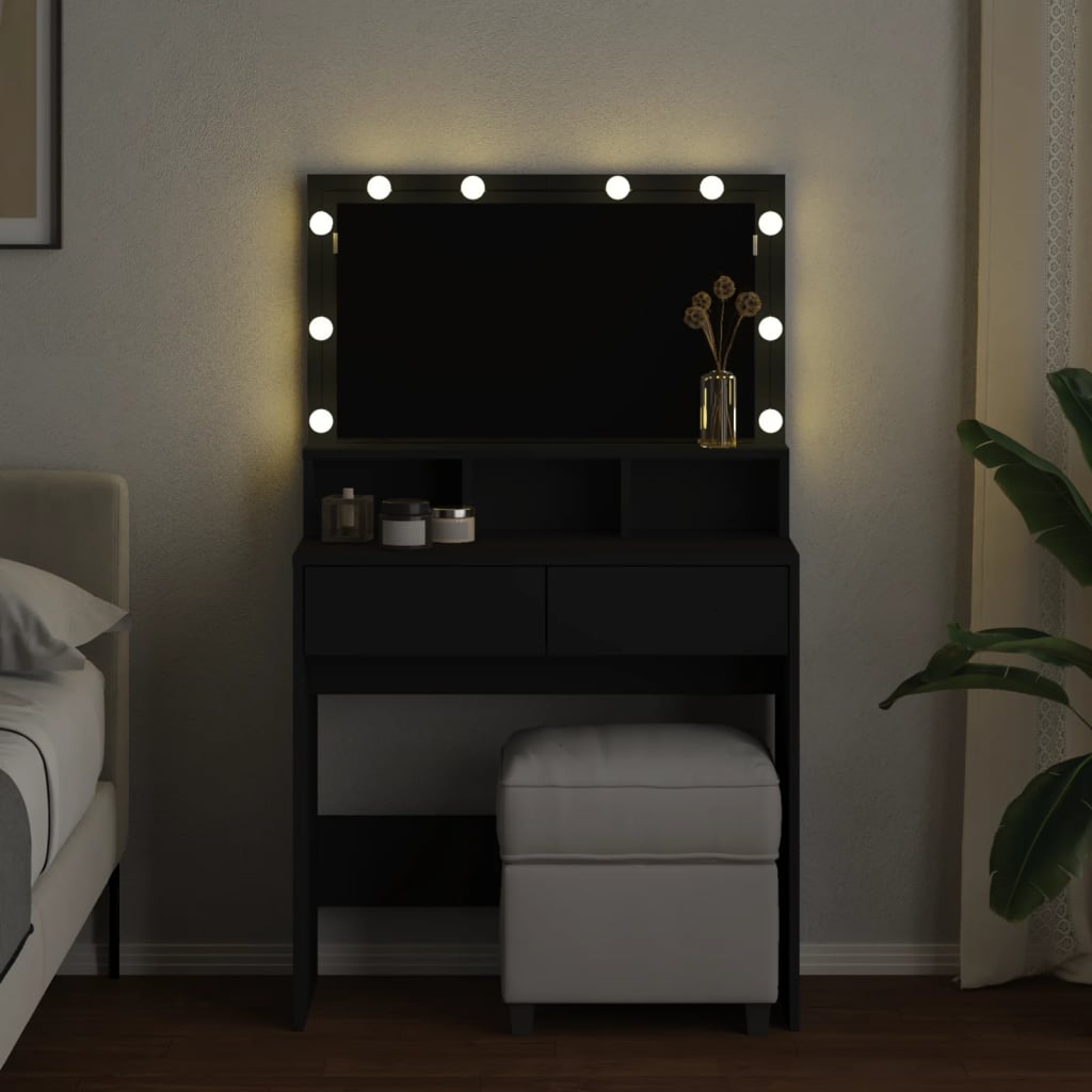 Modern Wooden Dressing Table Makeup Vanity Desk With Storage & LED Lights Mirror
