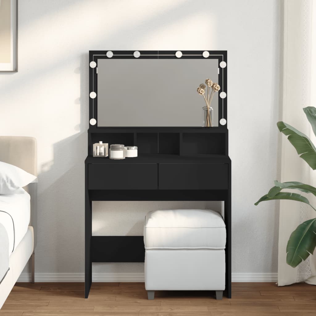 Modern Wooden Dressing Table Makeup Vanity Desk With Storage & LED Lights Mirror