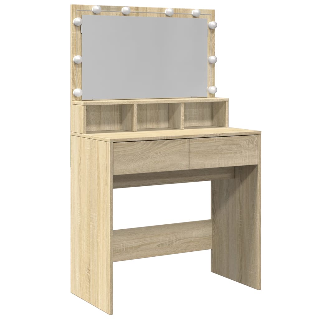 Modern Wooden Dressing Table Makeup Vanity Desk With Storage & LED Lights Mirror