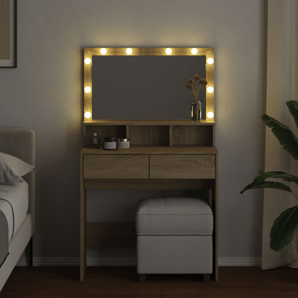 Modern Wooden Dressing Table Makeup Vanity Desk With Storage & LED Lights Mirror