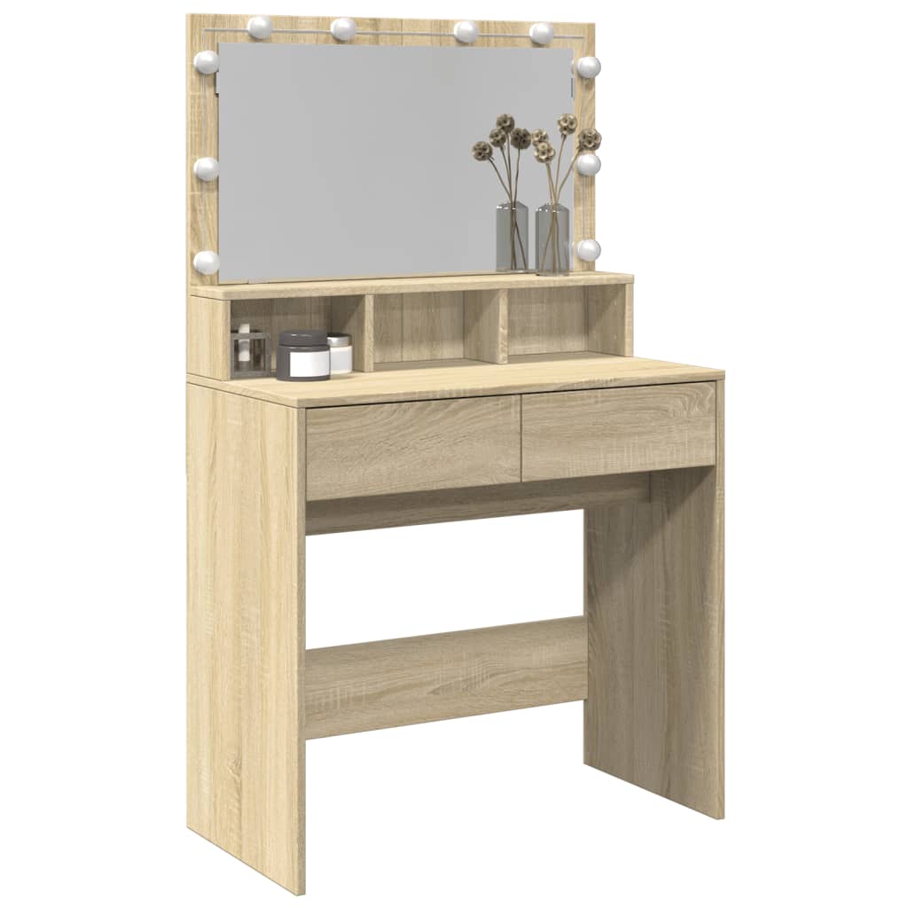 Modern Wooden Dressing Table Makeup Vanity Desk With Storage & LED Lights Mirror