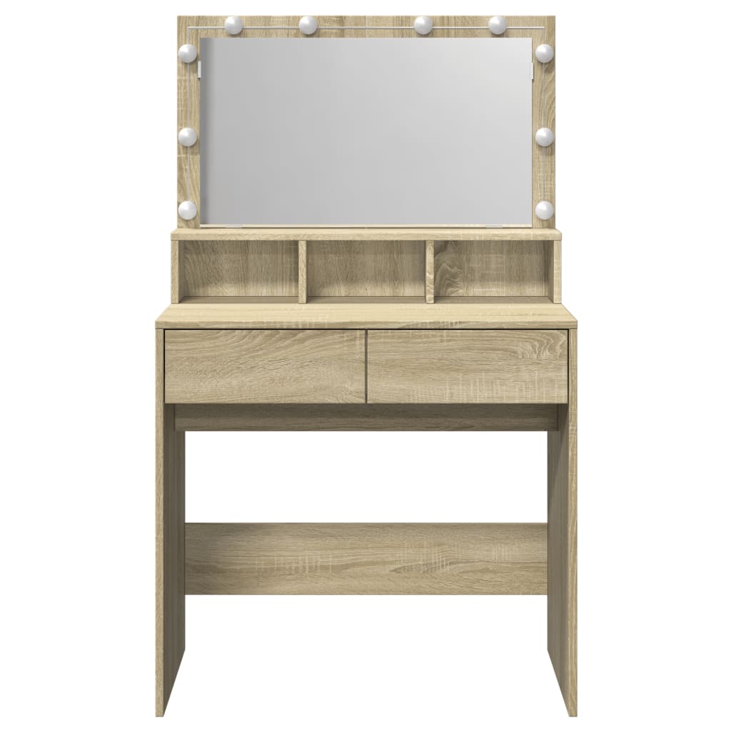 Modern Wooden Dressing Table Makeup Vanity Desk With Storage & LED Lights Mirror