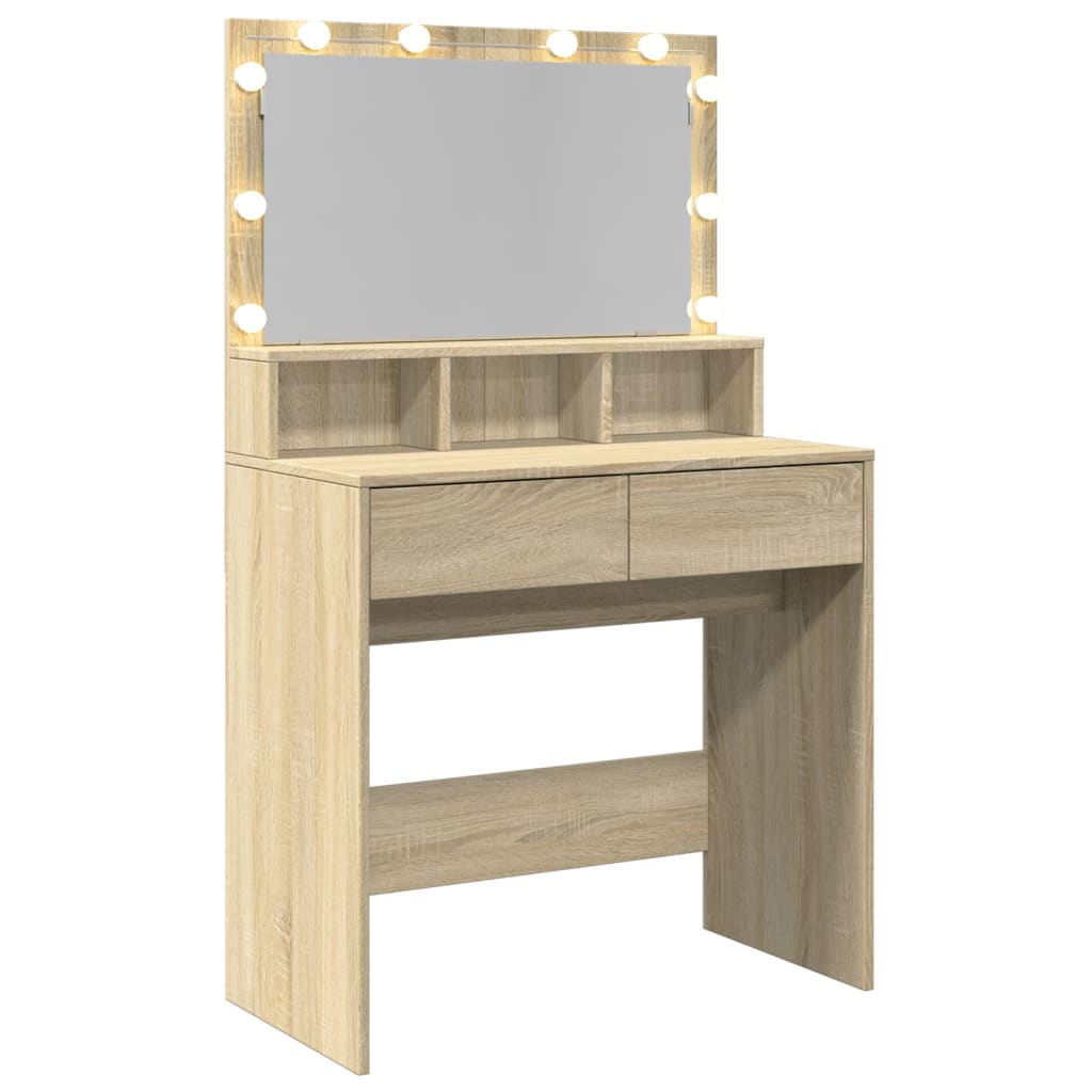 Modern Wooden Dressing Table Makeup Vanity Desk With Storage & LED Lights Mirror