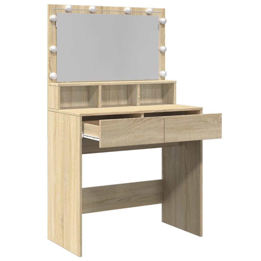 Modern Wooden Dressing Table Makeup Vanity Desk With Storage & LED Lights Mirror