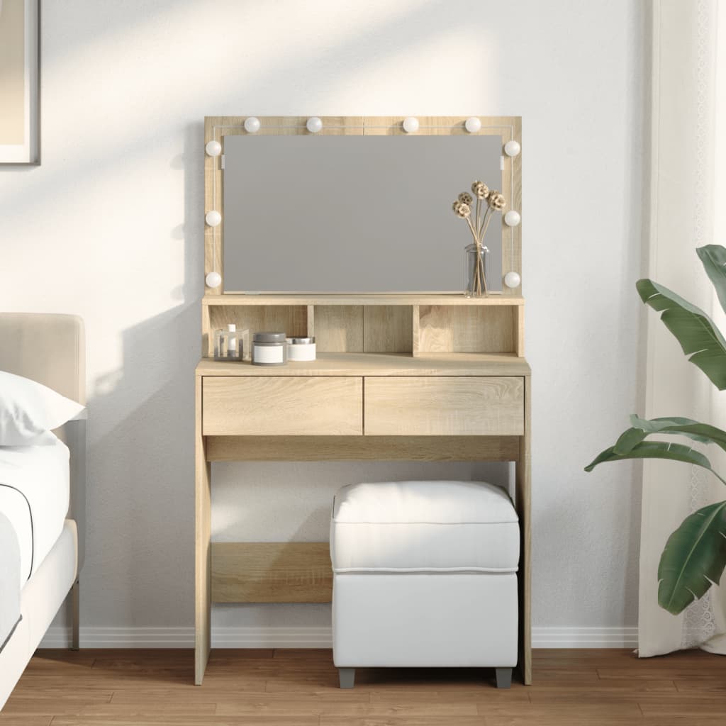 Modern Wooden Dressing Table Makeup Vanity Desk With Storage & LED Lights Mirror