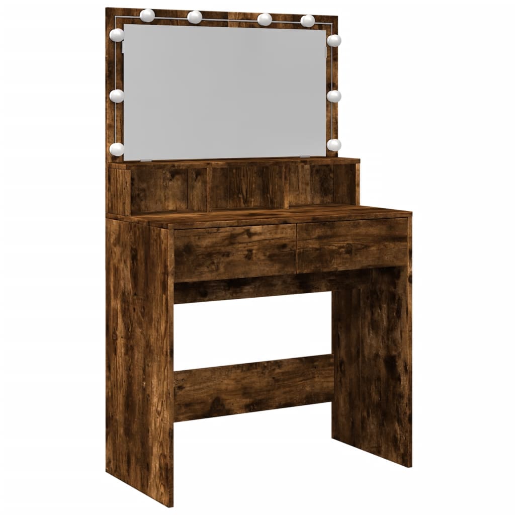 Modern Wooden Dressing Table Makeup Vanity Desk With Storage & LED Lights Mirror