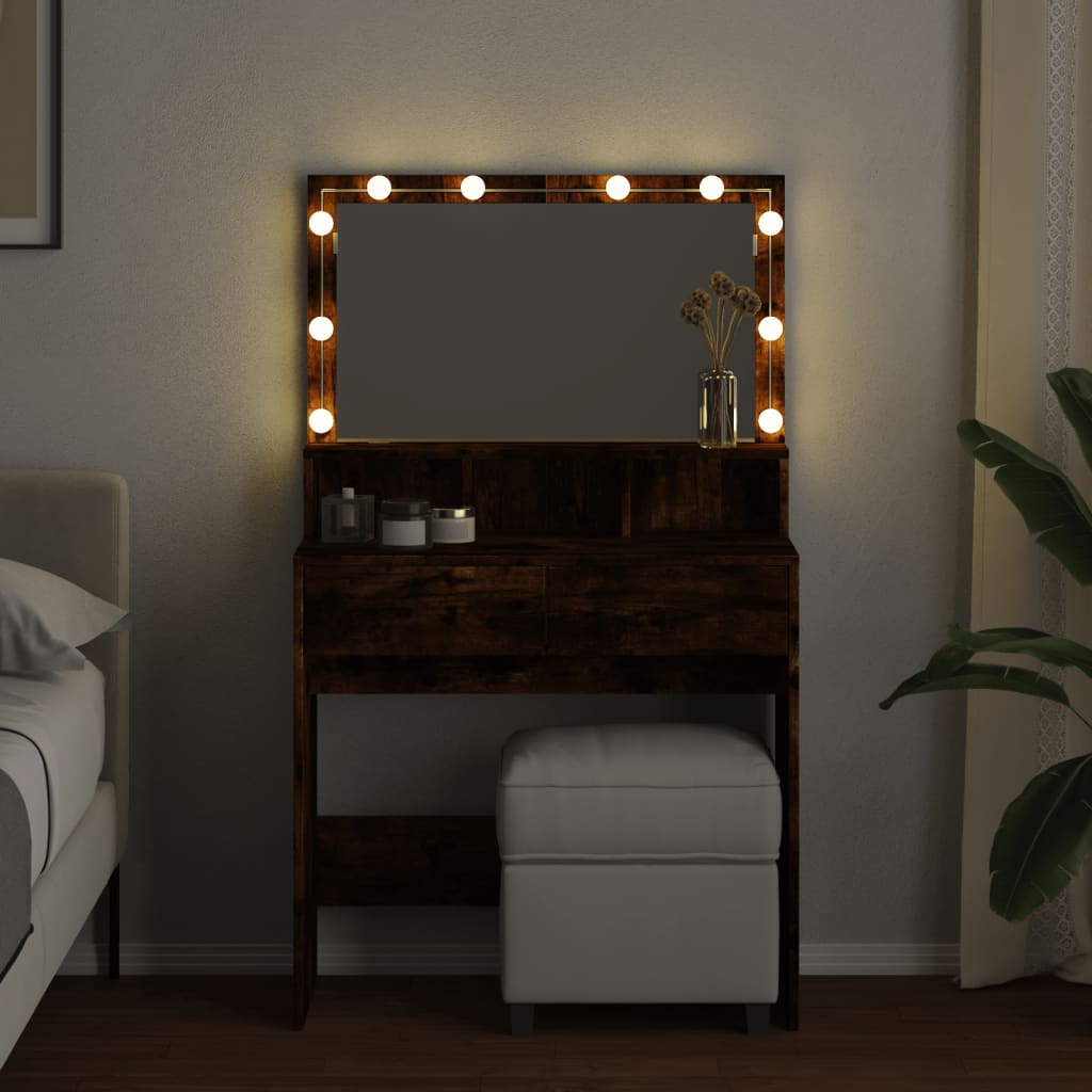 Modern Wooden Dressing Table Makeup Vanity Desk With Storage & LED Lights Mirror