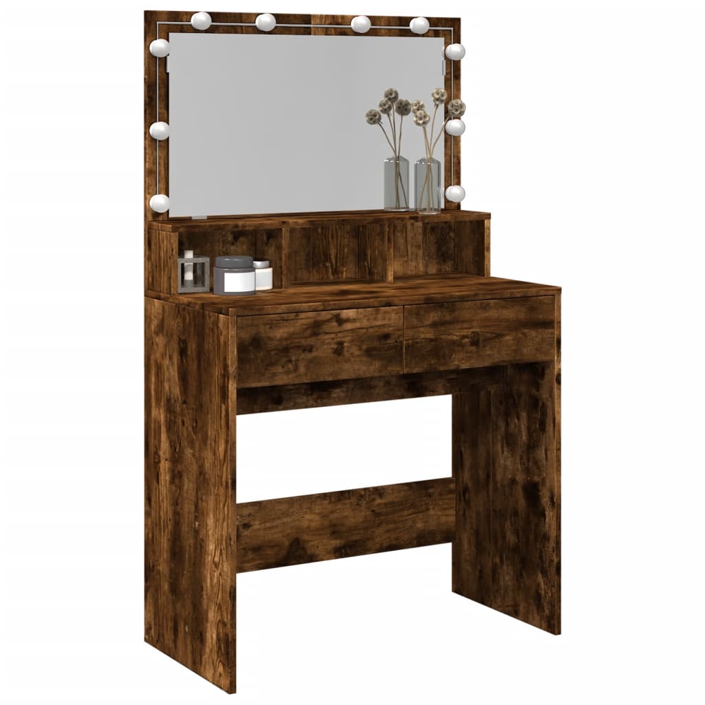 Modern Wooden Dressing Table Makeup Vanity Desk With Storage & LED Lights Mirror
