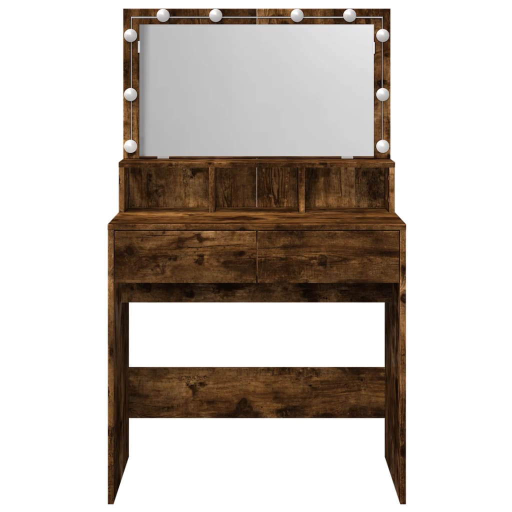 Modern Wooden Dressing Table Makeup Vanity Desk With Storage & LED Lights Mirror