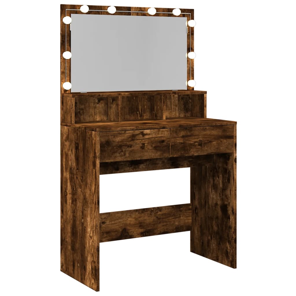 Modern Wooden Dressing Table Makeup Vanity Desk With Storage & LED Lights Mirror