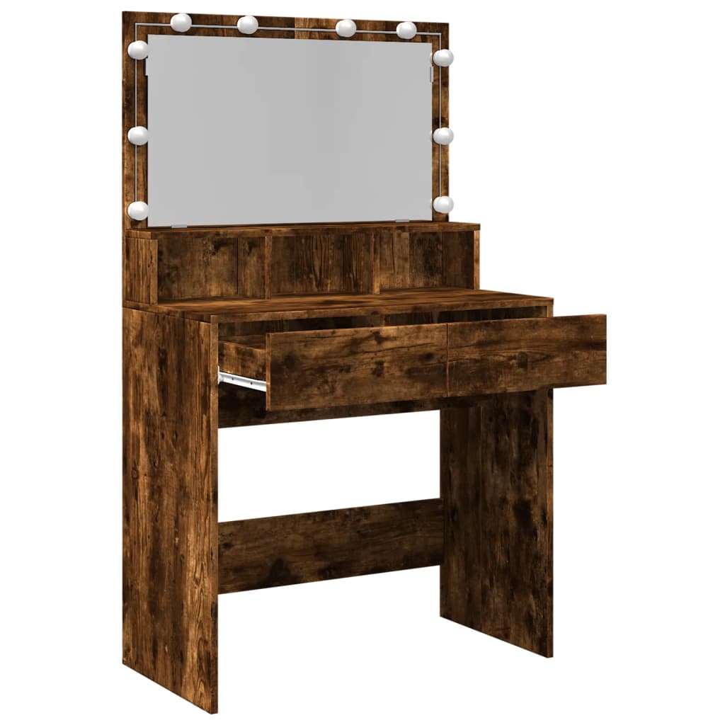 Modern Wooden Dressing Table Makeup Vanity Desk With Storage & LED Lights Mirror