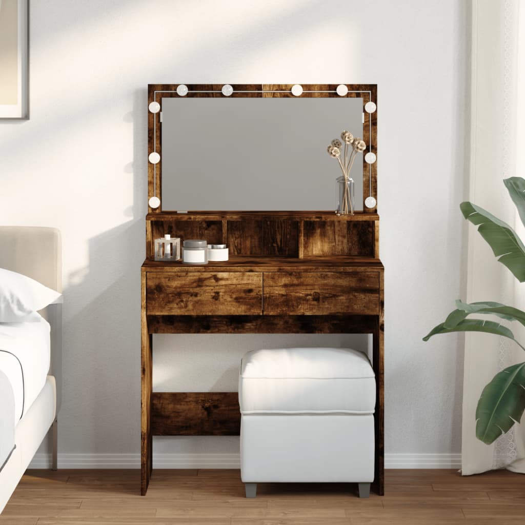 Modern Wooden Dressing Table Makeup Vanity Desk With Storage & LED Lights Mirror