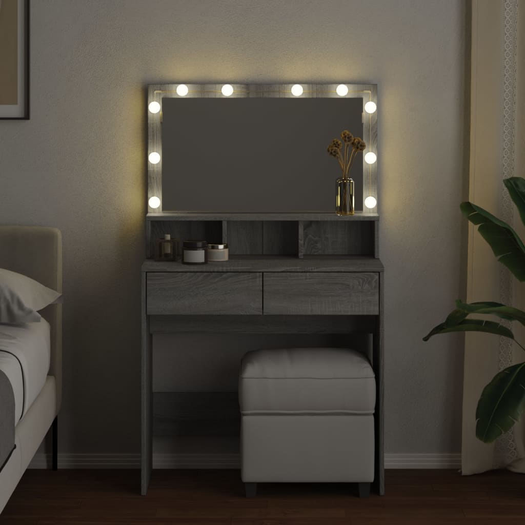 Modern Wooden Dressing Table Makeup Vanity Desk With Storage & LED Lights Mirror