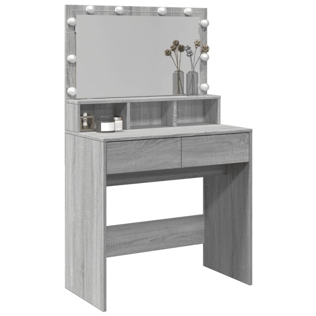 Modern Wooden Dressing Table Makeup Vanity Desk With Storage & LED Lights Mirror