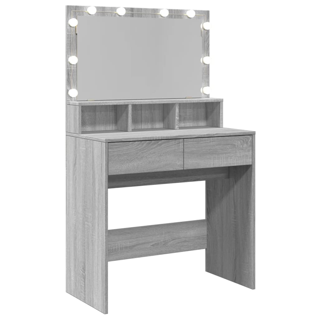 Modern Wooden Dressing Table Makeup Vanity Desk With Storage & LED Lights Mirror