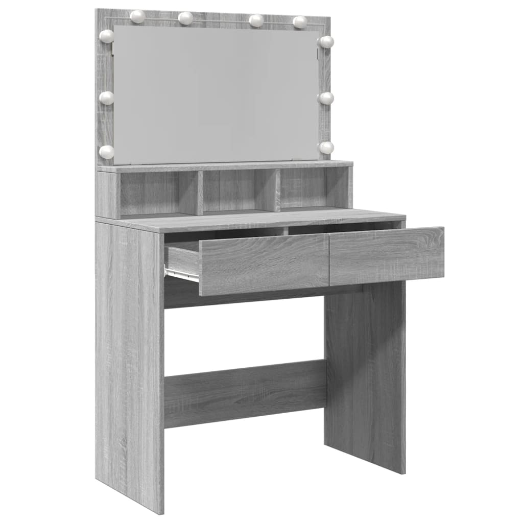 Modern Wooden Dressing Table Makeup Vanity Desk With Storage & LED Lights Mirror
